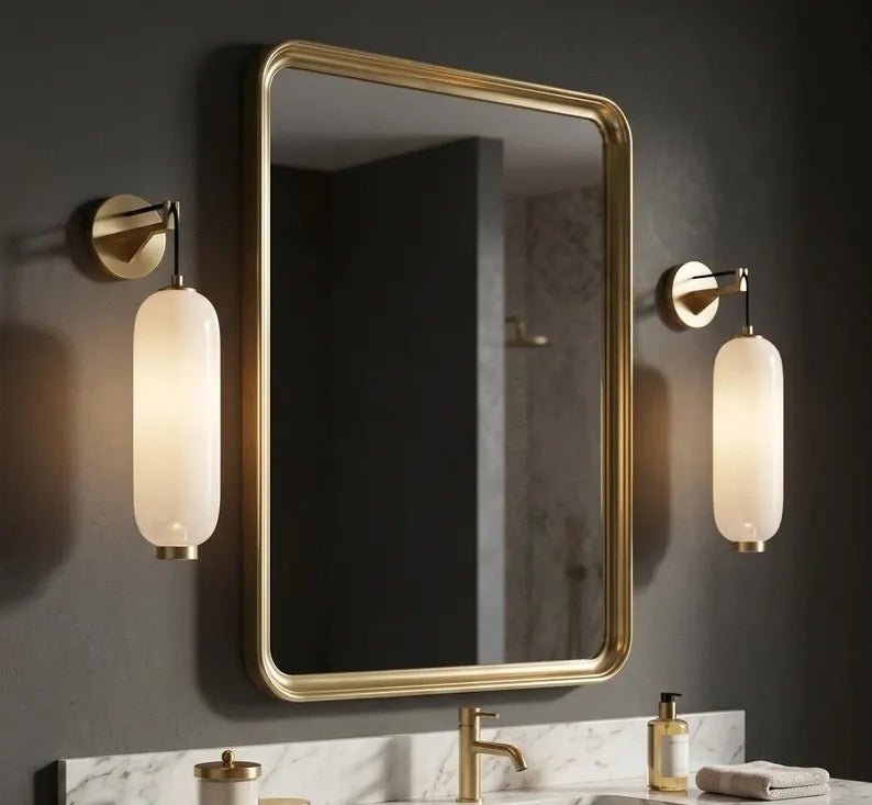 Glass Wall Sconce with Brass finish| Hanging Wall Light | Modern Wall Lamp | Bathroom Vanity Light | Bedside Wall Lighting | Les Trois Pyramides