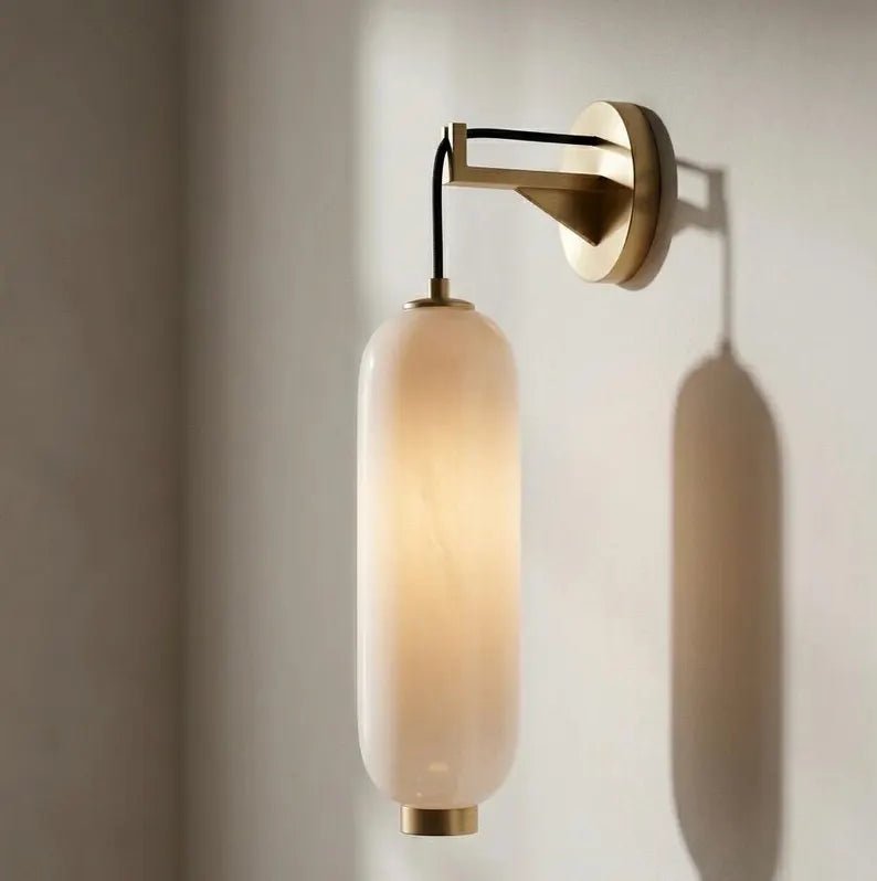 Glass Wall Sconce with Brass finish| Hanging Wall Light | Modern Wall Lamp | Bathroom Vanity Light | Bedside Wall Lighting | Les Trois Pyramides