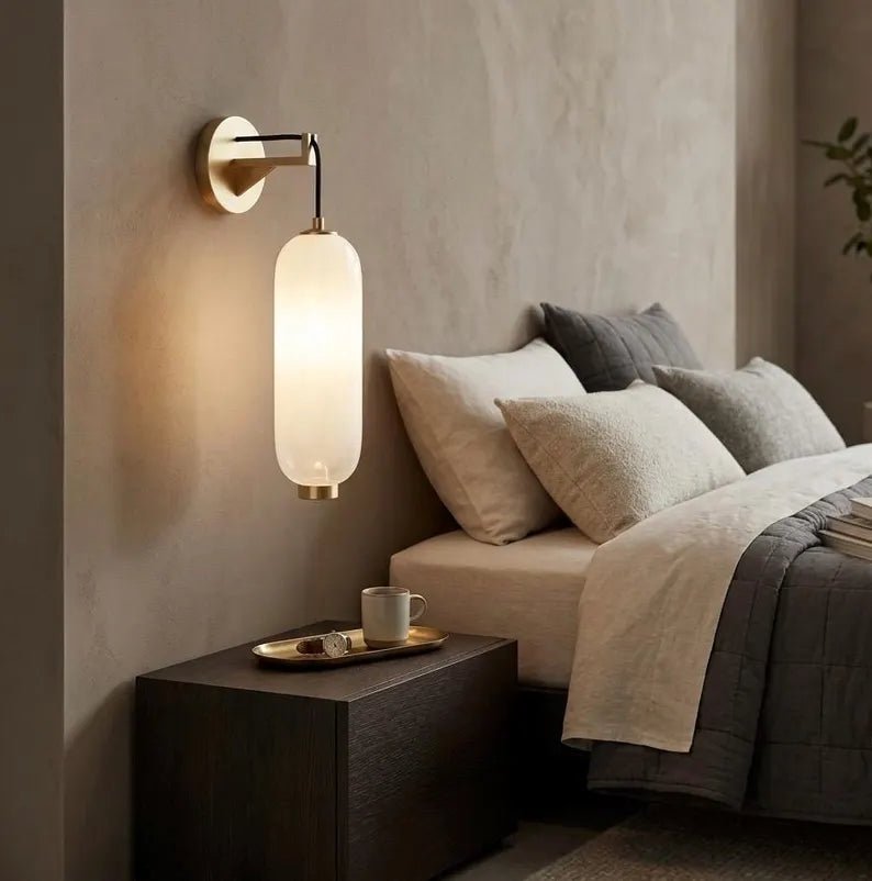 Glass Wall Sconce with Brass finish| Hanging Wall Light | Modern Wall Lamp | Bathroom Vanity Light | Bedside Wall Lighting | Les Trois Pyramides