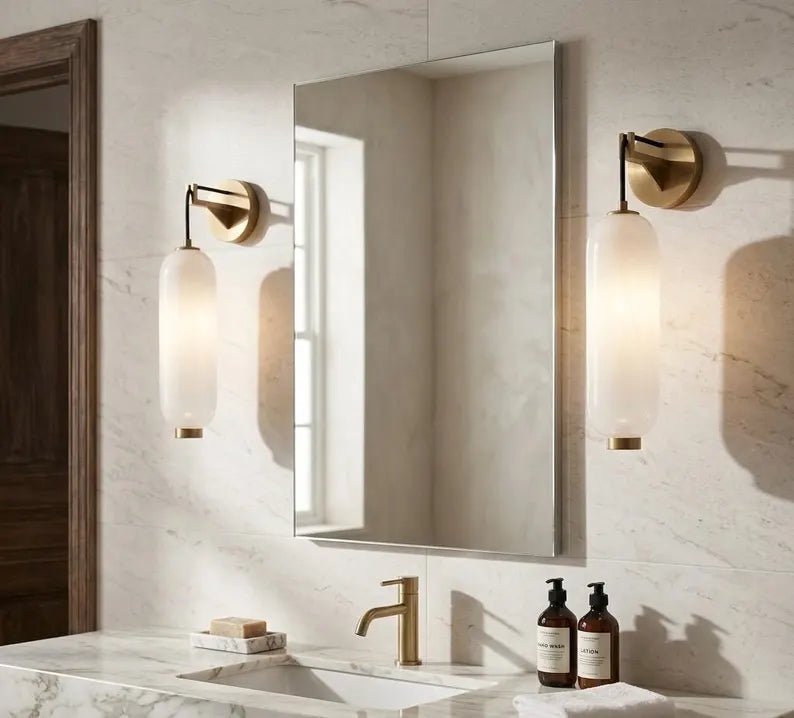 Glass Wall Sconce with Brass finish| Hanging Wall Light | Modern Wall Lamp | Bathroom Vanity Light | Bedside Wall Lighting | Les Trois Pyramides