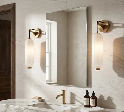 Glass Wall Sconce with Brass finish| Hanging Wall Light | Modern Wall Lamp | Bathroom Vanity Light | Bedside Wall Lighting | Les Trois Pyramides
