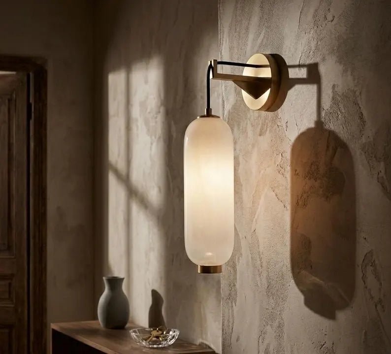 Glass Wall Sconce with Brass finish| Hanging Wall Light | Modern Wall Lamp | Bathroom Vanity Light | Bedside Wall Lighting | Les Trois Pyramides