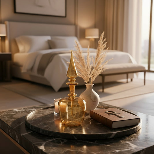 Gold Orange Blown Glass perfume Bottle with stopper and  14K Gold | Les Trois Pyramides