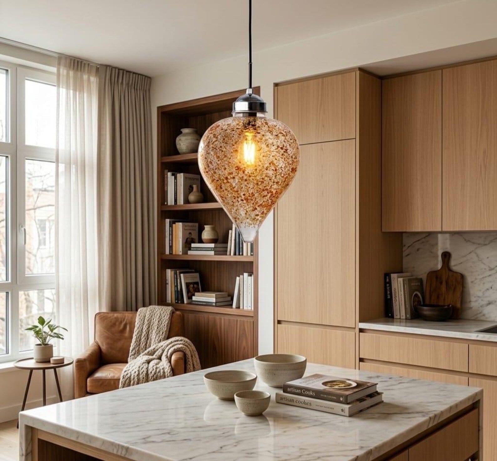 Blown Glass Light Pendant With Gold Frosted Glass - Les Trois Pyramides