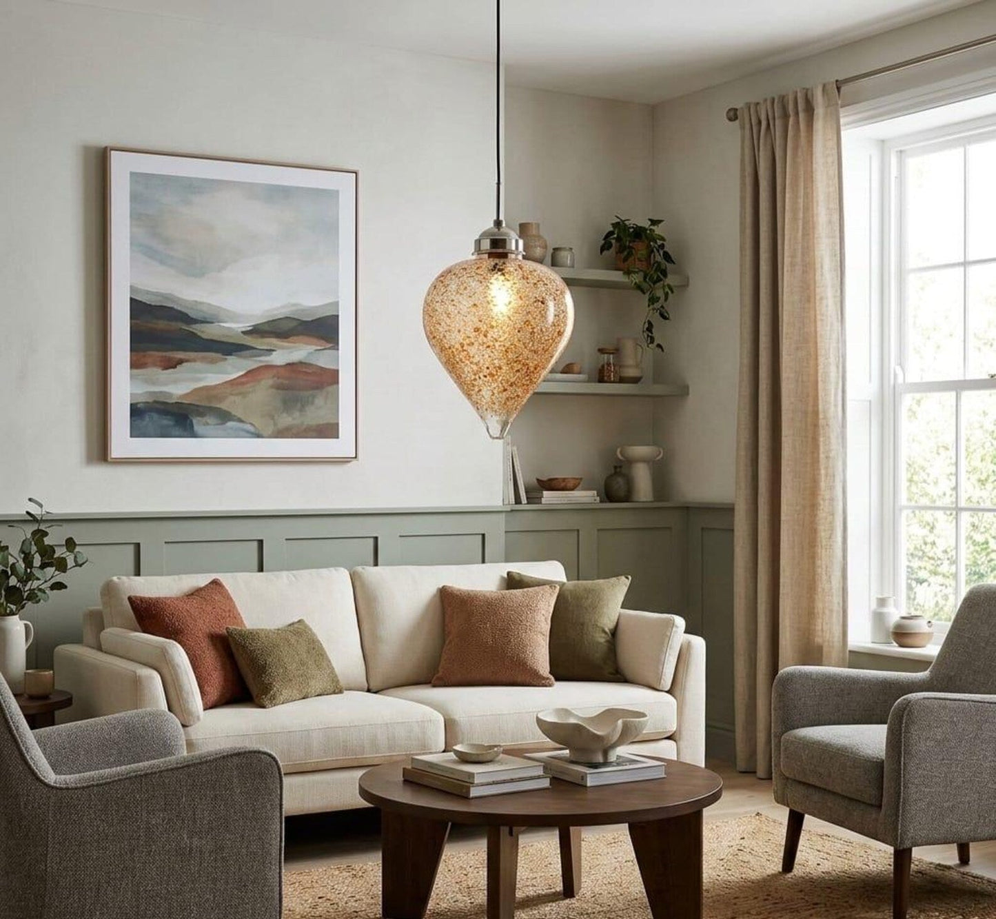 Blown Glass Light Pendant With Gold Frosted Glass - Les Trois Pyramides