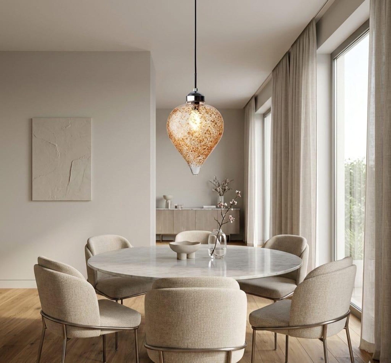 Blown Glass Light Pendant With Gold Frosted Glass - Les Trois Pyramides