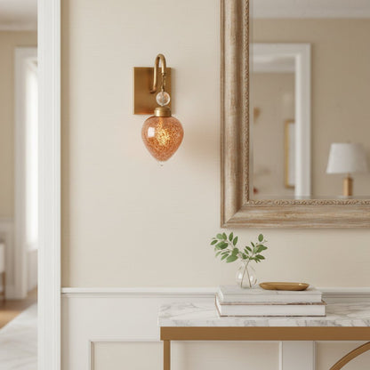 Hand-Blown Crackled Amber Glass Wall Sconce with Brass Base