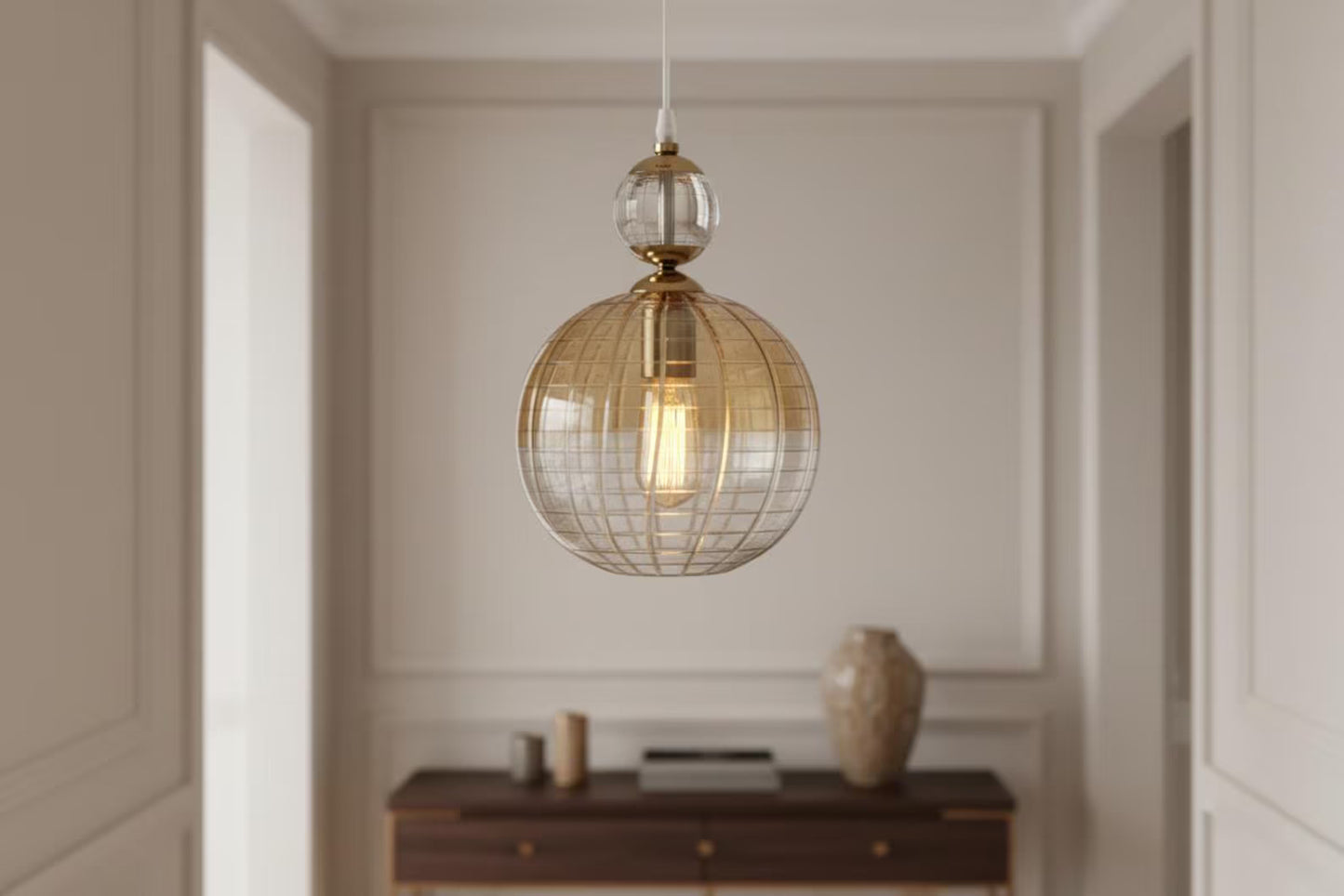 Soft Gold Engraved Glass Pendant Light – Handmade Hanging Lamp | Les Trois Pyramides