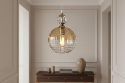 Soft Gold Engraved Glass Pendant Light – Handmade Hanging Lamp | Les Trois Pyramides