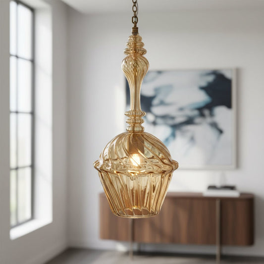 Hand-Blown Gold Glass Pendant Light – Elegant Vintage-Inspired Hanging Lamp with Brass Chain