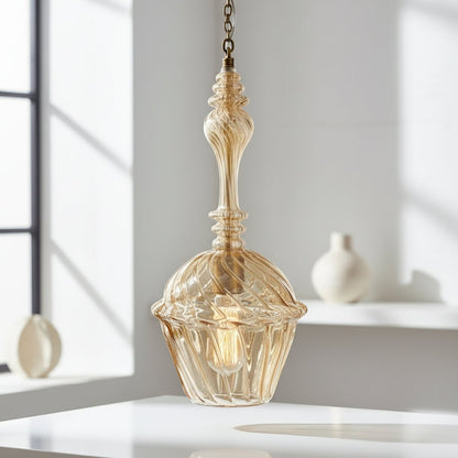 Hand-Blown Gold Glass Pendant Light – Elegant Vintage-Inspired Hanging Lamp with Brass Chain