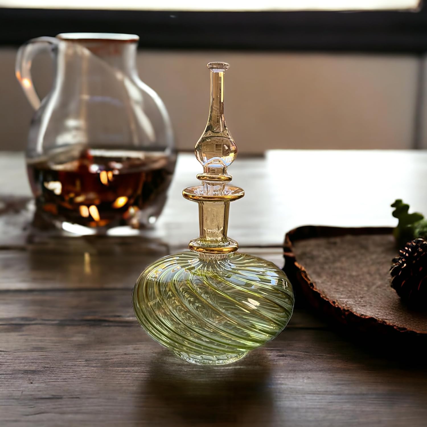 Green Ribbed Blown Glass perfume Bottle with stopper and  14K Gold | Les Trois Pyramides