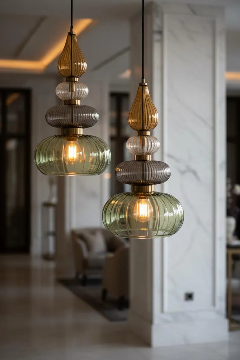 Glass Pendant Light Fixture, Amber Green Hanging Lamp, Kitchen Island Lighting, Modern Ceiling Light, Handmade Blown Glass Pendant | Les Trois Pyramides 