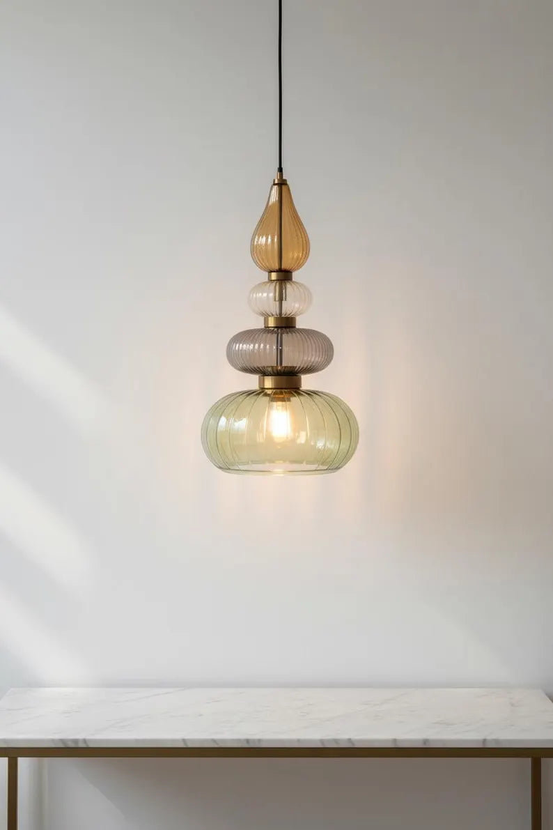 Glass Pendant Light Fixture, Amber Green Hanging Lamp, Kitchen Island Lighting, Modern Ceiling Light, Handmade Blown Glass Pendant | Les Trois Pyramides 