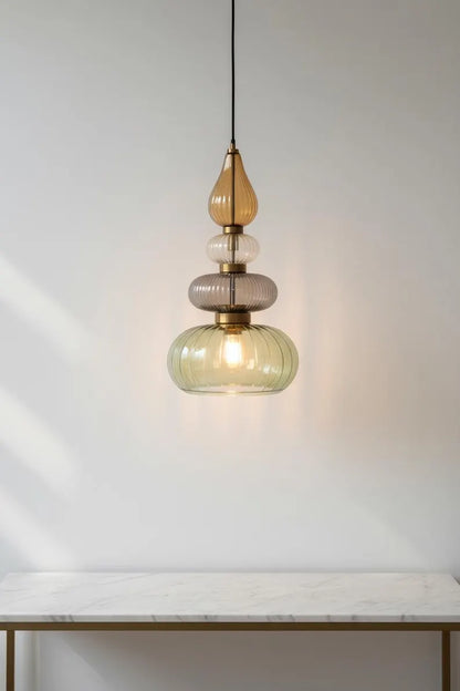 Glass Pendant Light Fixture, Amber Green Hanging Lamp, Kitchen Island Lighting, Modern Ceiling Light, Handmade Blown Glass Pendant | Les Trois Pyramides 