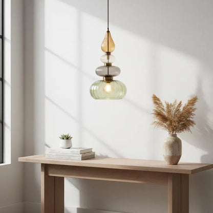 Glass Pendant Light Fixture, Amber Green Hanging Lamp, Kitchen Island Lighting, Modern Ceiling Light, Handmade Blown Glass Pendant | Les Trois Pyramides 