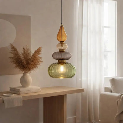 Glass Pendant Light Fixture, Amber Green Hanging Lamp, Kitchen Island Lighting, Modern Ceiling Light, Handmade Blown Glass Pendant | Les Trois Pyramides 