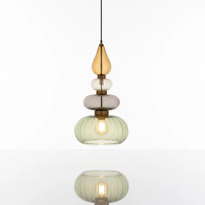 Glass Pendant Light Fixture, Amber Green Hanging Lamp, Kitchen Island Lighting, Modern Ceiling Light, Handmade Blown Glass Pendant | Les Trois Pyramides 