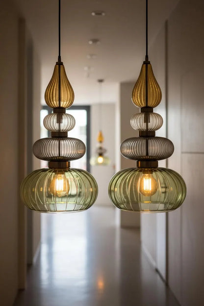 Glass Pendant Light Fixture, Amber Green Hanging Lamp, Kitchen Island Lighting, Modern Ceiling Light, Handmade Blown Glass Pendant | Les Trois Pyramides 