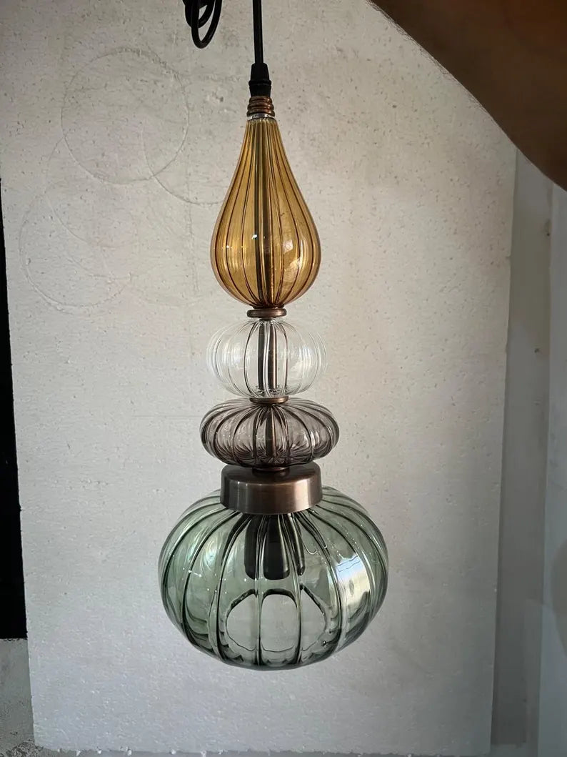 Glass Pendant Light Fixture, Amber Green Hanging Lamp, Kitchen Island Lighting, Modern Ceiling Light, Handmade Blown Glass Pendant | Les Trois Pyramides 