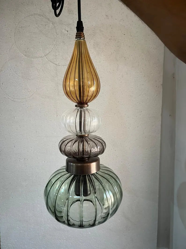 Glass Pendant Light Fixture, Amber Green Hanging Lamp, Kitchen Island Lighting, Modern Ceiling Light, Handmade Blown Glass Pendant | Les Trois Pyramides 