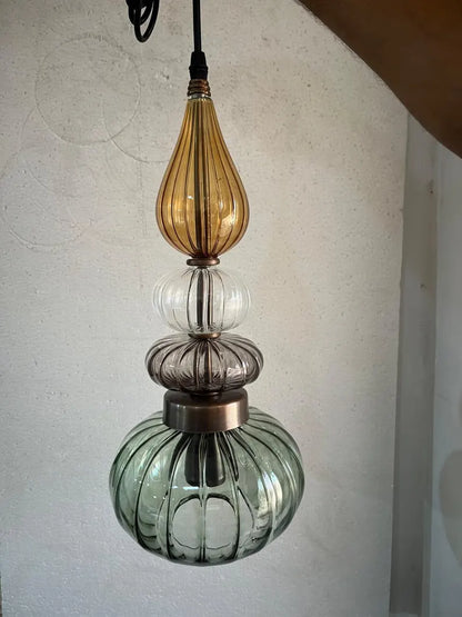 Glass Pendant Light Fixture, Amber Green Hanging Lamp, Kitchen Island Lighting, Modern Ceiling Light, Handmade Blown Glass Pendant | Les Trois Pyramides 