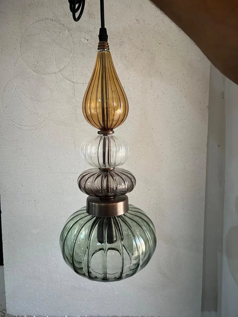 Glass Pendant Light Fixture, Amber Green Hanging Lamp, Kitchen Island Lighting, Modern Ceiling Light, Handmade Blown Glass Pendant | Les Trois Pyramides 