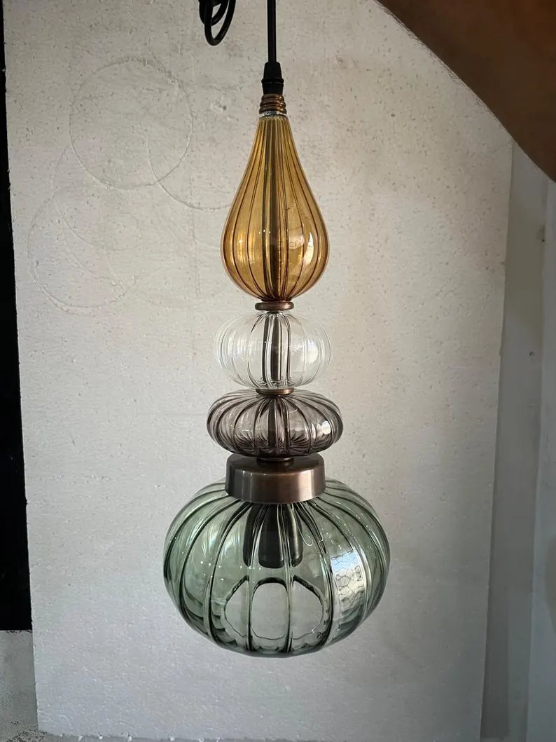 Glass Pendant Light Fixture, Amber Green Hanging Lamp, Kitchen Island Lighting, Modern Ceiling Light, Handmade Blown Glass Pendant | Les Trois Pyramides 