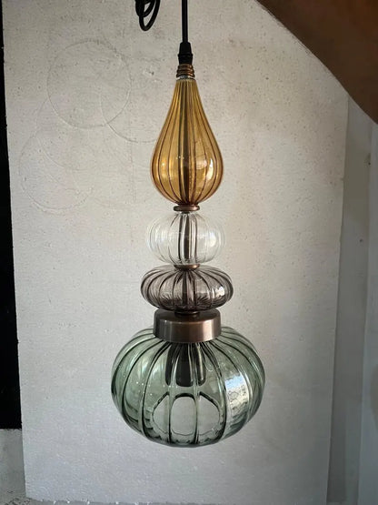 Glass Pendant Light Fixture, Amber Green Hanging Lamp, Kitchen Island Lighting, Modern Ceiling Light, Handmade Blown Glass Pendant | Les Trois Pyramides 