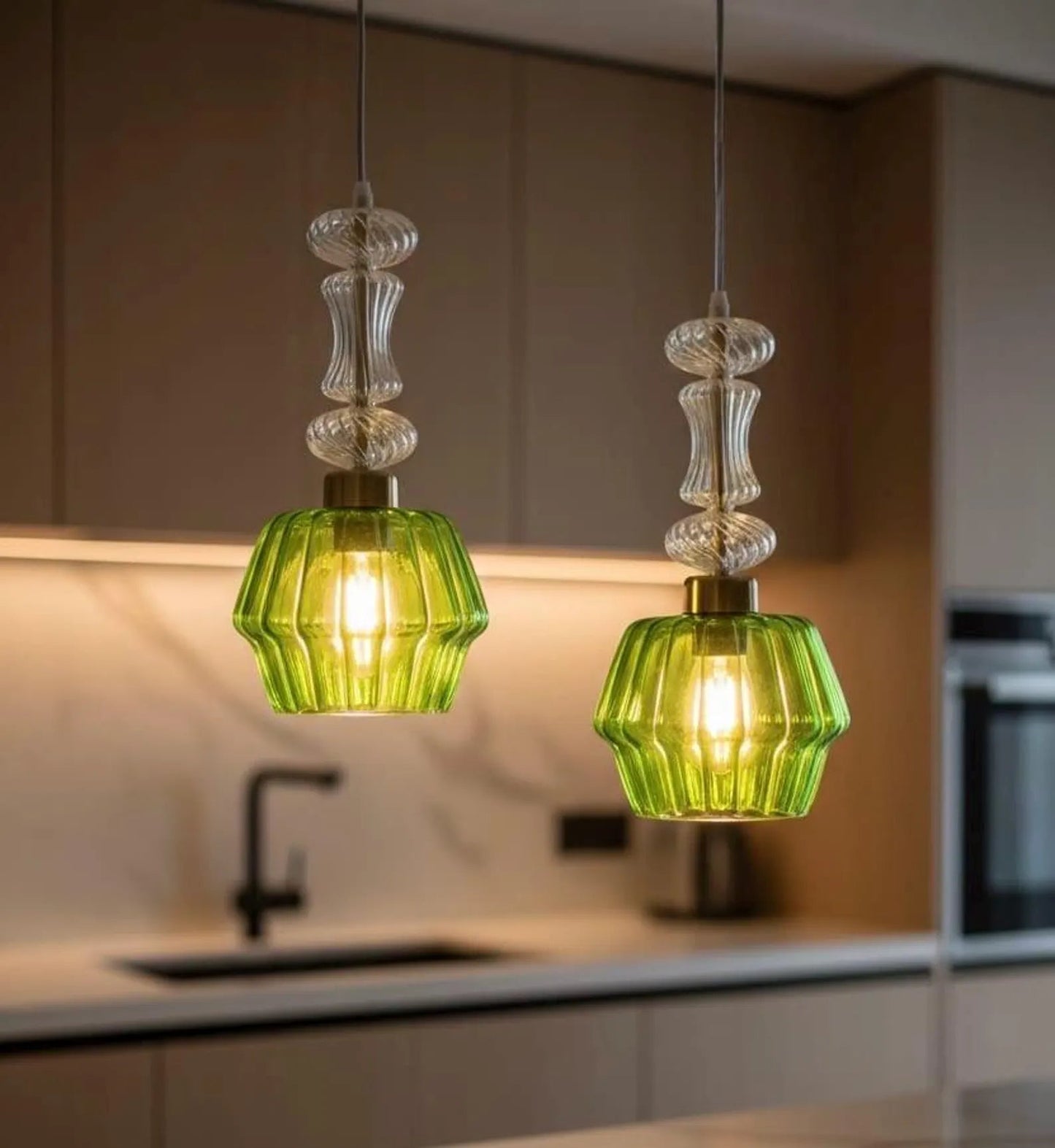 Green and Crystal Hanging Lamp for kitchen - Les Trois Pyramides
