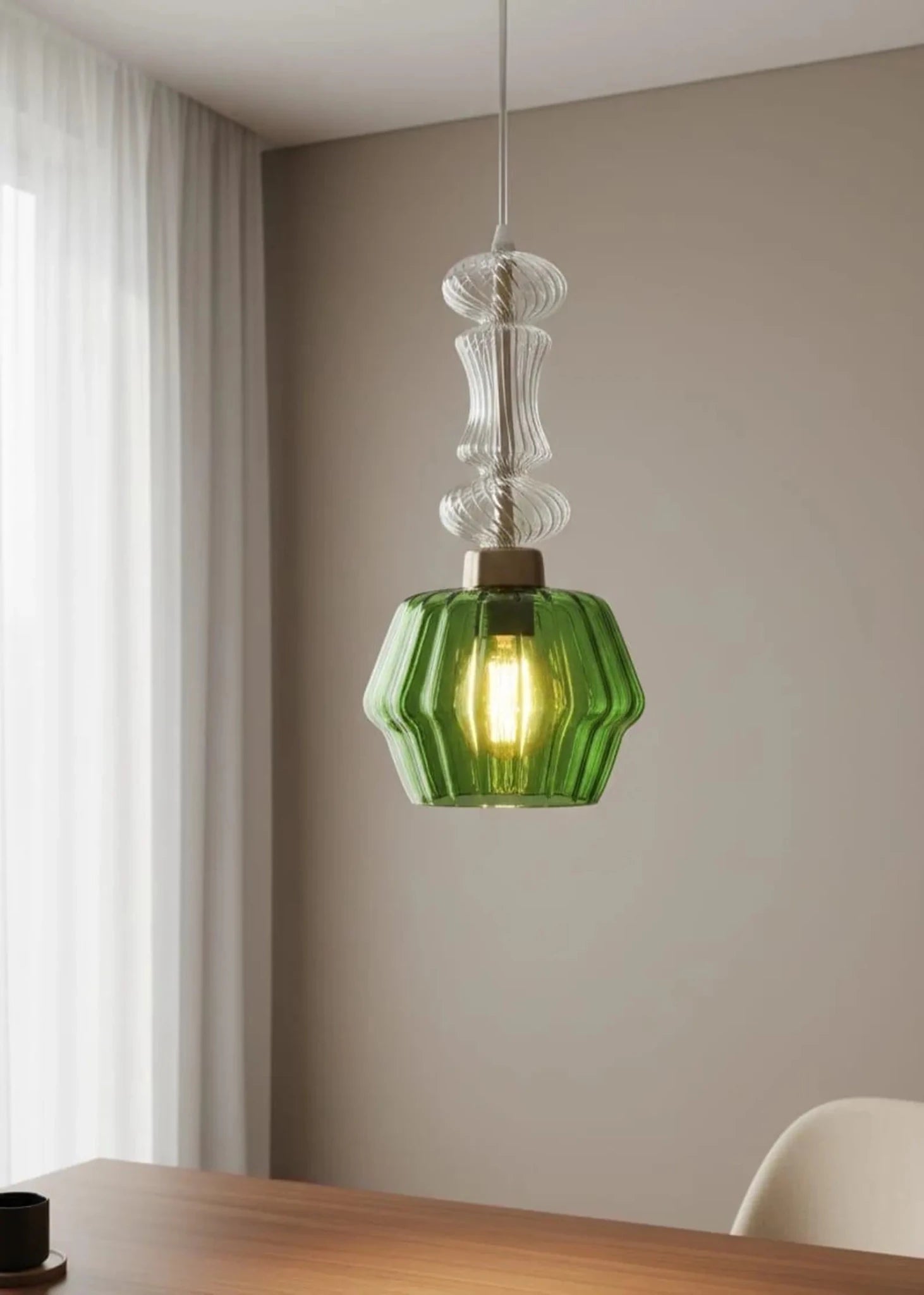 Green and Crystal Hanging Lamp for Dining Room Lights - Les Trois Pyramides