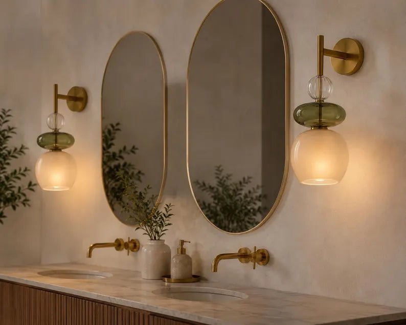 Modern Glass Wall Sconce, Brass Bathroom Vanity Light, Handmade Wall Lamp, Bedside Wall Light, Green Glass Sconce, Hallway Lighting | Les Trois Pyramides