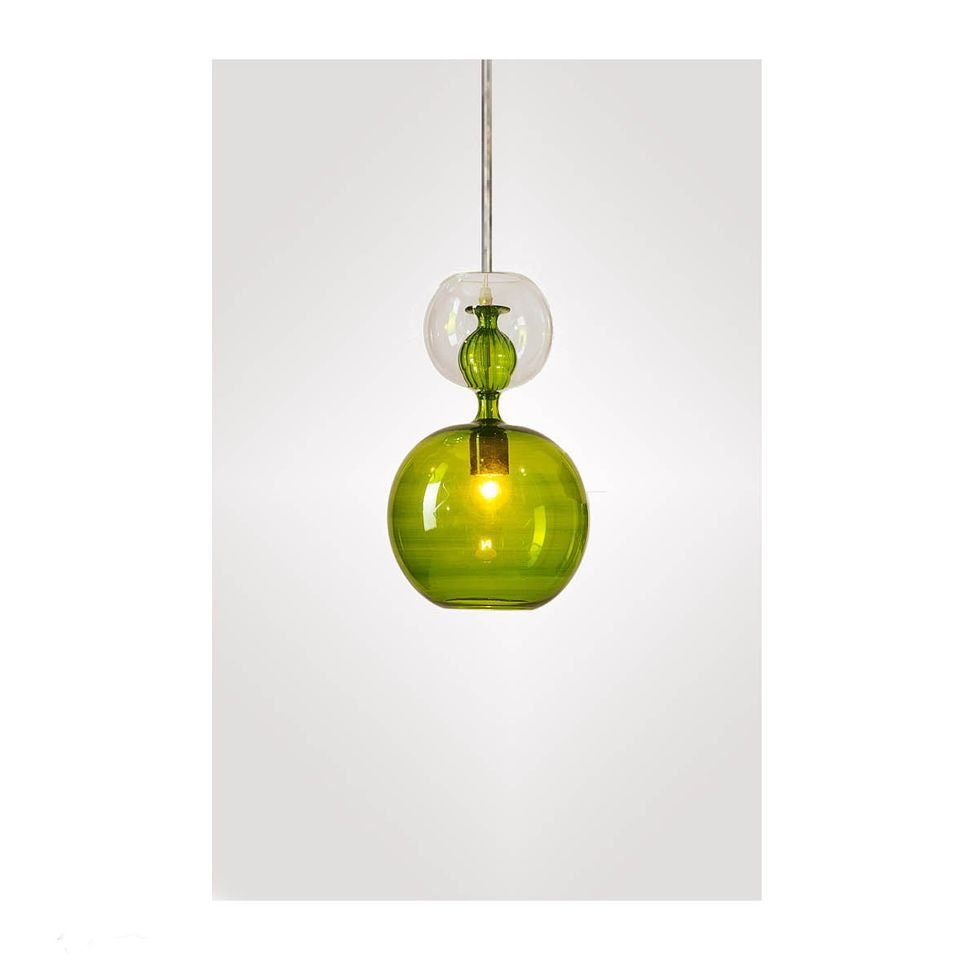 Green & Crystal Colored Handmade Modern Pendant Light , Deco Light Fixture , Hanging Lamp for Dining Room Lights , Hand Blown Glass Pendant | Les Trois Pyramides