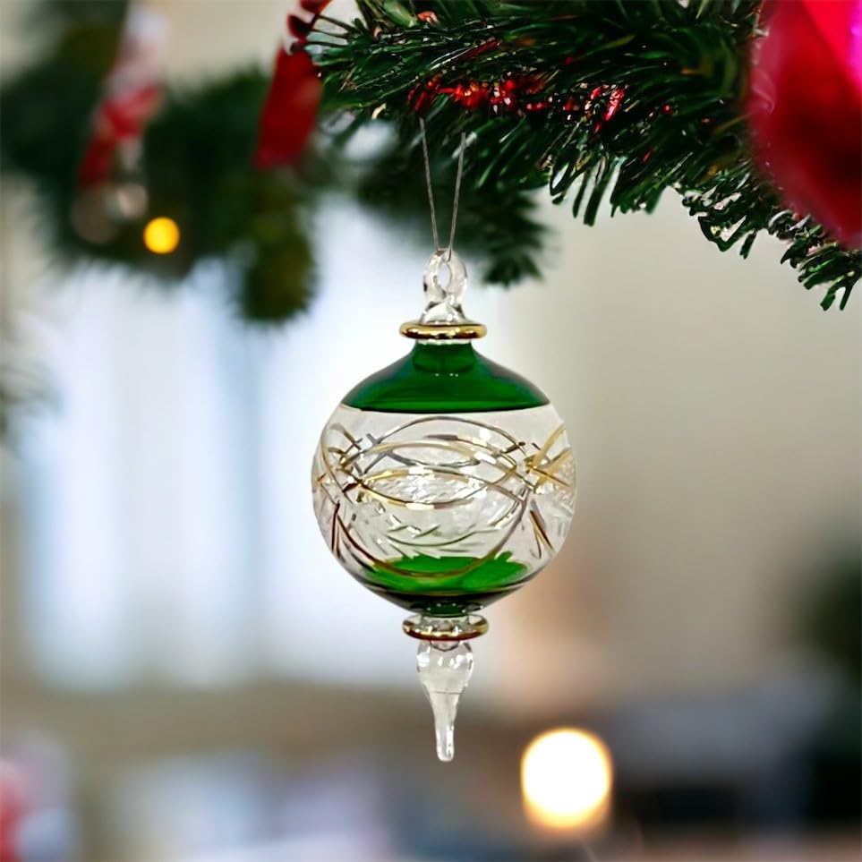 Green Engraved 14 K Gold Glass Christmas Ornament for Christmas Tree Decorations - Les Trois Pyramides