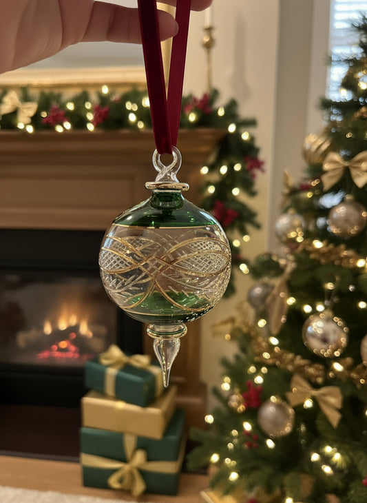 Green Engraved 14 K Gold Glass Christmas Ornament for Christmas Tree Decorations - Les Trois Pyramides