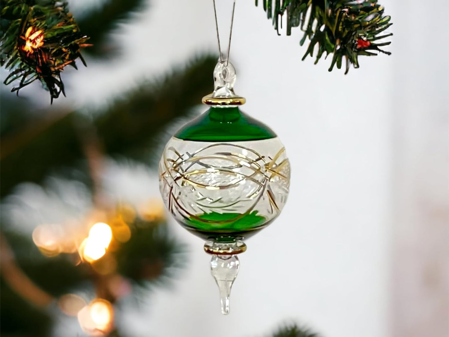 Green Engraved 14 K Gold Glass Christmas Ornament for Christmas Tree Decorations - Les Trois Pyramides