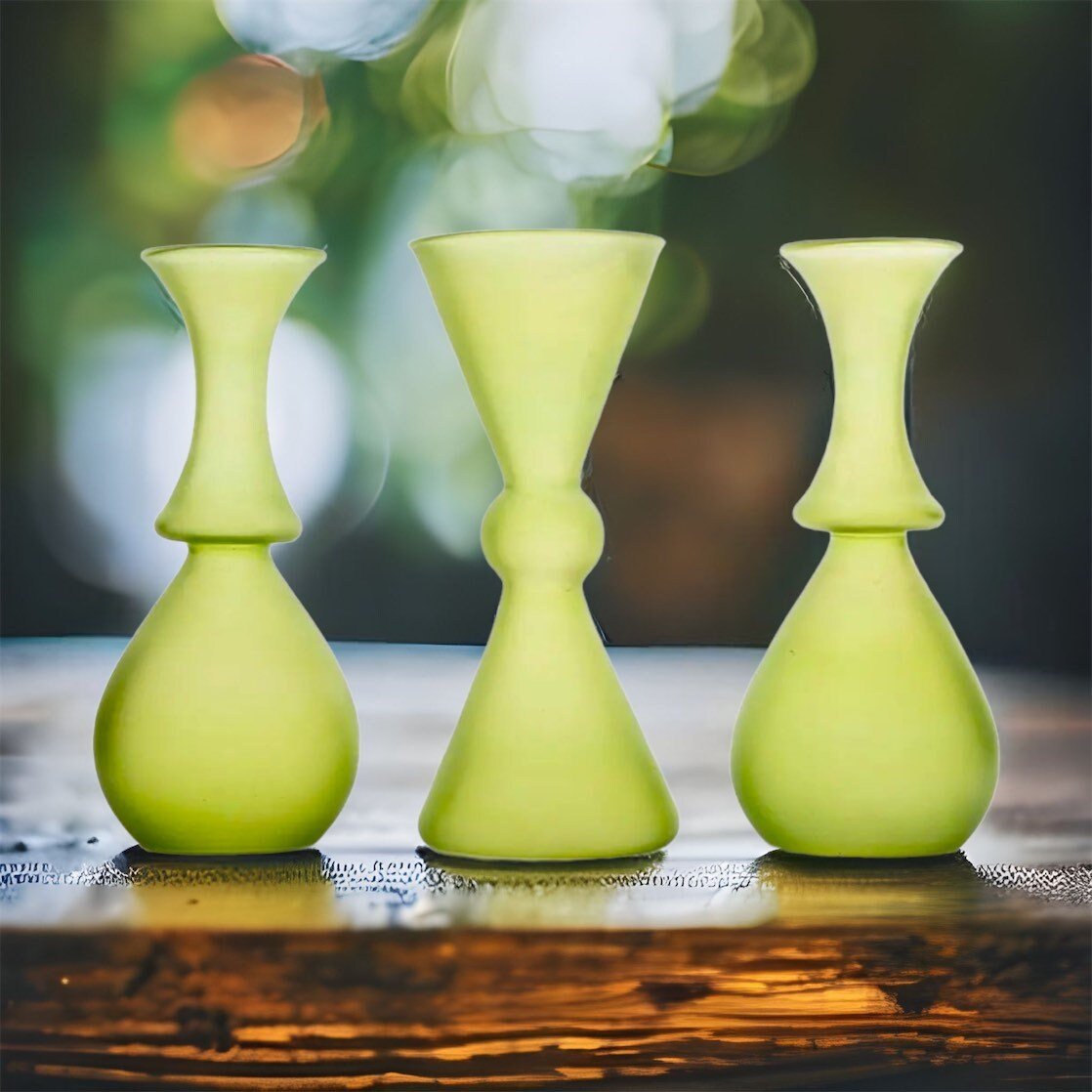 Set of three Green Frosted Glass Mini Vases - Les Trois Pyramides