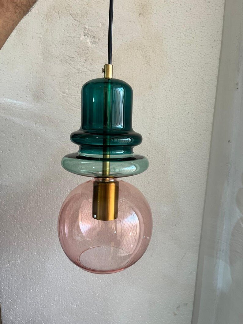 Green Glass Pendant Light – Modern Hanging Lamp for Kitchen Island Lighting, Handmade Glass Ceiling Lamp - restaurant lighting | Les Trois Pyramides