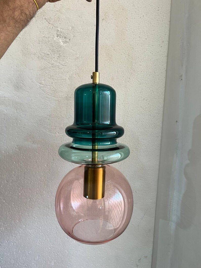Green Glass Pendant Light – Modern Hanging Lamp for Kitchen Island Lighting, Handmade Glass Ceiling Lamp - restaurant lighting | Les Trois Pyramides