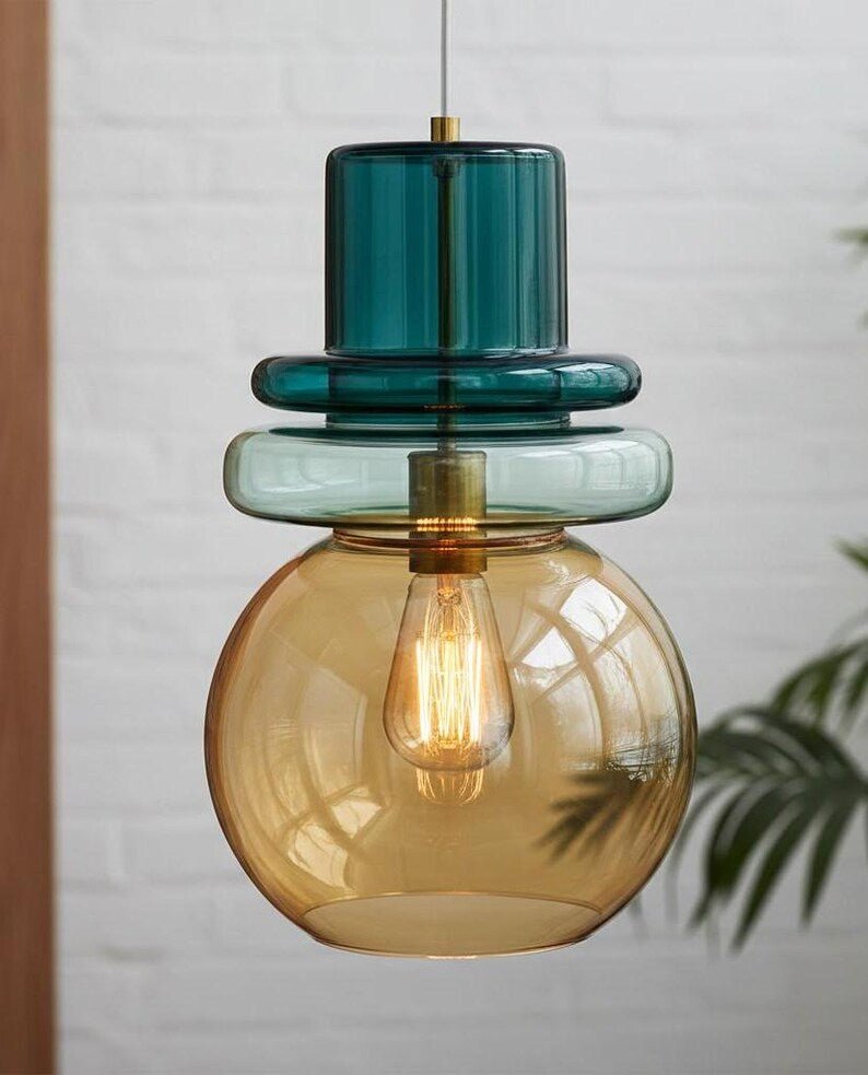 Green Glass Pendant Light – Modern Hanging Lamp for Kitchen Island Lighting, Handmade Glass Ceiling Lamp - restaurant lighting | Les Trois Pyramides
