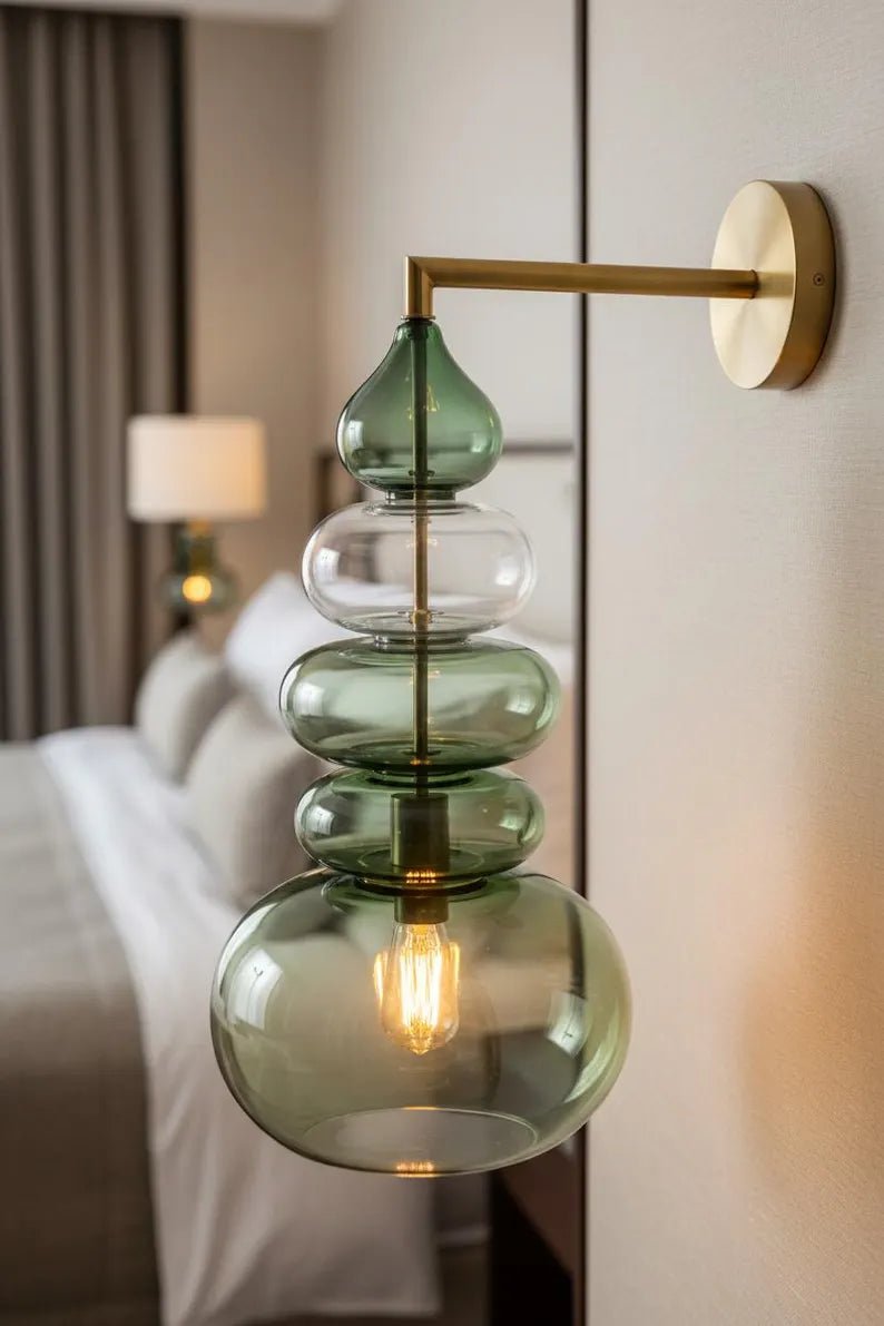 Green Glass Wall Sconce, Modern Brass Wall Light, Murano Style Wall Lamp, Stacked Glass Lighting Fixture, Luxury Restaurant Wall Light | Les Trois Pyramides