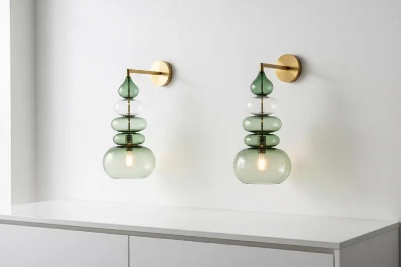Green Glass Wall Sconce, Modern Brass Wall Light, Murano Style Wall Lamp, Stacked Glass Lighting Fixture, Luxury Restaurant Wall Light | Les Trois Pyramides