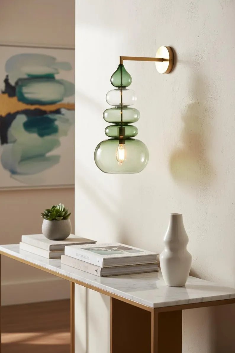 Green Glass Wall Sconce, Modern Brass Wall Light, Murano Style Wall Lamp, Stacked Glass Lighting Fixture, Luxury Restaurant Wall Light | Les Trois Pyramides
