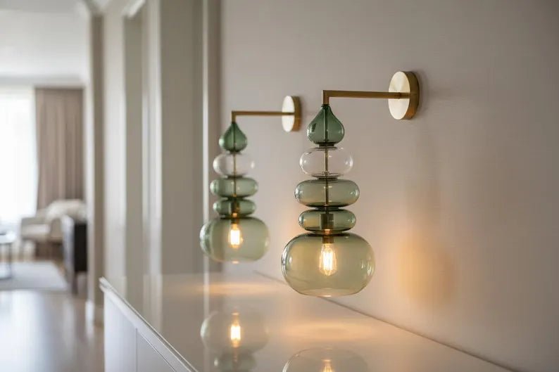 Green Glass Wall Sconce, Modern Brass Wall Light, Murano Style Wall Lamp, Stacked Glass Lighting Fixture, Luxury Restaurant Wall Light | Les Trois Pyramides