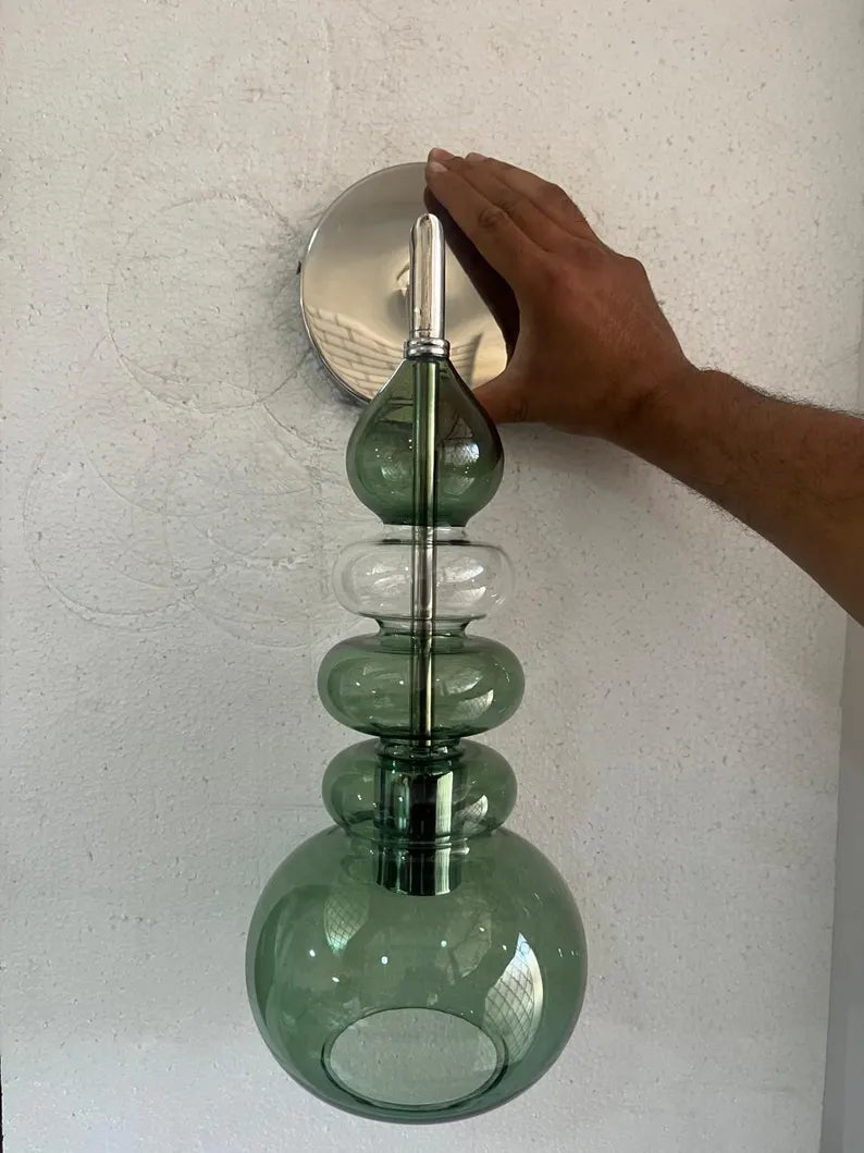 Green Glass Wall Sconce, Modern Brass Wall Light, Murano Style Wall Lamp, Stacked Glass Lighting Fixture, Luxury Restaurant Wall Light | Les Trois Pyramides