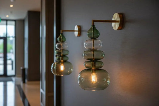 Green Glass Wall Sconce, Modern Brass Wall Light, Murano Style Wall Lamp, Stacked Glass Lighting Fixture, Luxury Restaurant Wall Light | Les Trois Pyramides