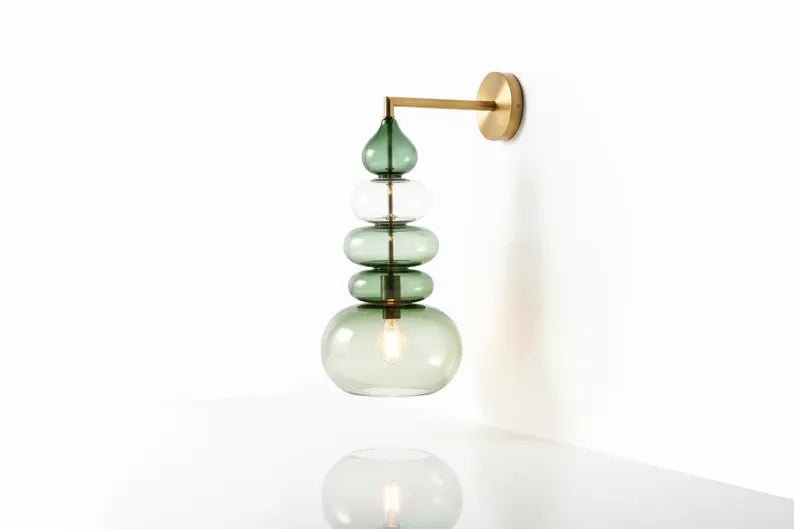 Green Glass Wall Sconce, Modern Brass Wall Light, Murano Style Wall Lamp, Stacked Glass Lighting Fixture, Luxury Restaurant Wall Light | Les Trois Pyramides