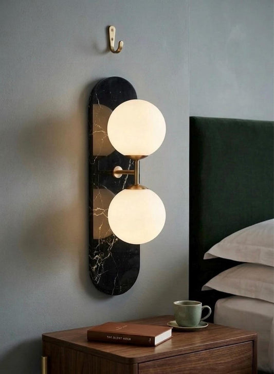 Green Marble Wall Sconce with Brass & Frosted Glass – Handmade Wall Light | Les Trois Pyramides.