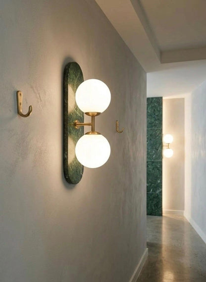 Green Marble Wall Sconce with Brass & Frosted Glass – Handmade Wall Light | Les Trois Pyramides.