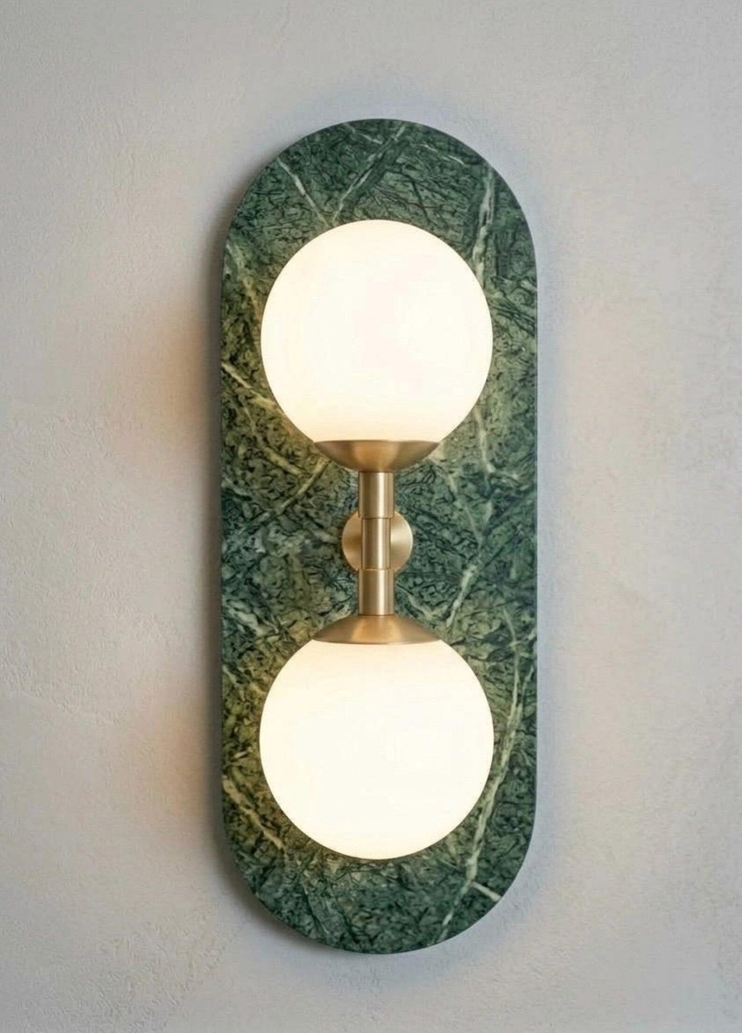 Green Marble Wall Sconce with Brass & Frosted Glass – Handmade Wall Light | Les Trois Pyramides.